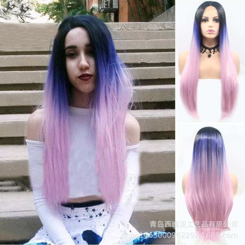 Hand-Tied Lace Front Ombre Long Straight Wig - 24 Inch Gradient Sleek Hair, Premium Matte Heat Resistant Fiber, Realistic & No Plastic Shine