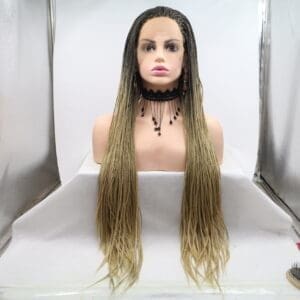 111253 Ombre Golden Hand-Braided Synthetic Wig - 24 Inch Three-Strand Chunky Box Braids, Premium Matte Heat Resistant Fiber, Natural Looking Braided Style