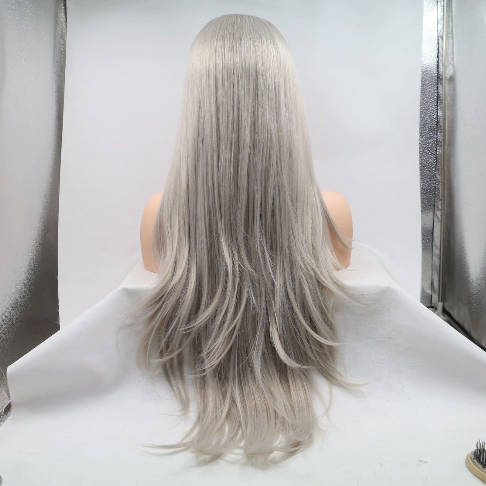 Hand-Tied Lace Front Long Straight Wig - 24 Inch Granny Grey Silver Ash Sleek Hair, Premium Matte Heat Resistant Fiber, Realistic & No Plastic Shine - Image 5
