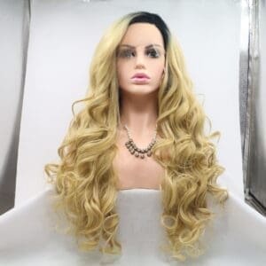 Hand-Tied Lace Front Yellow Ombre Long Wavy Wig (Model 0812) - 24 Inch Body Wave, Premium Matte Heat Resistant Fiber, Realistic & No Plastic Shine