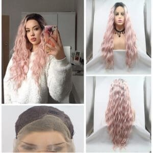 Hand-Tied Lace Front Deep Wave Wig - 24 Inch Ombre Pink Crimped Curly Hair, Premium Matte Heat Resistant Fiber, Realistic & No Plastic Shine