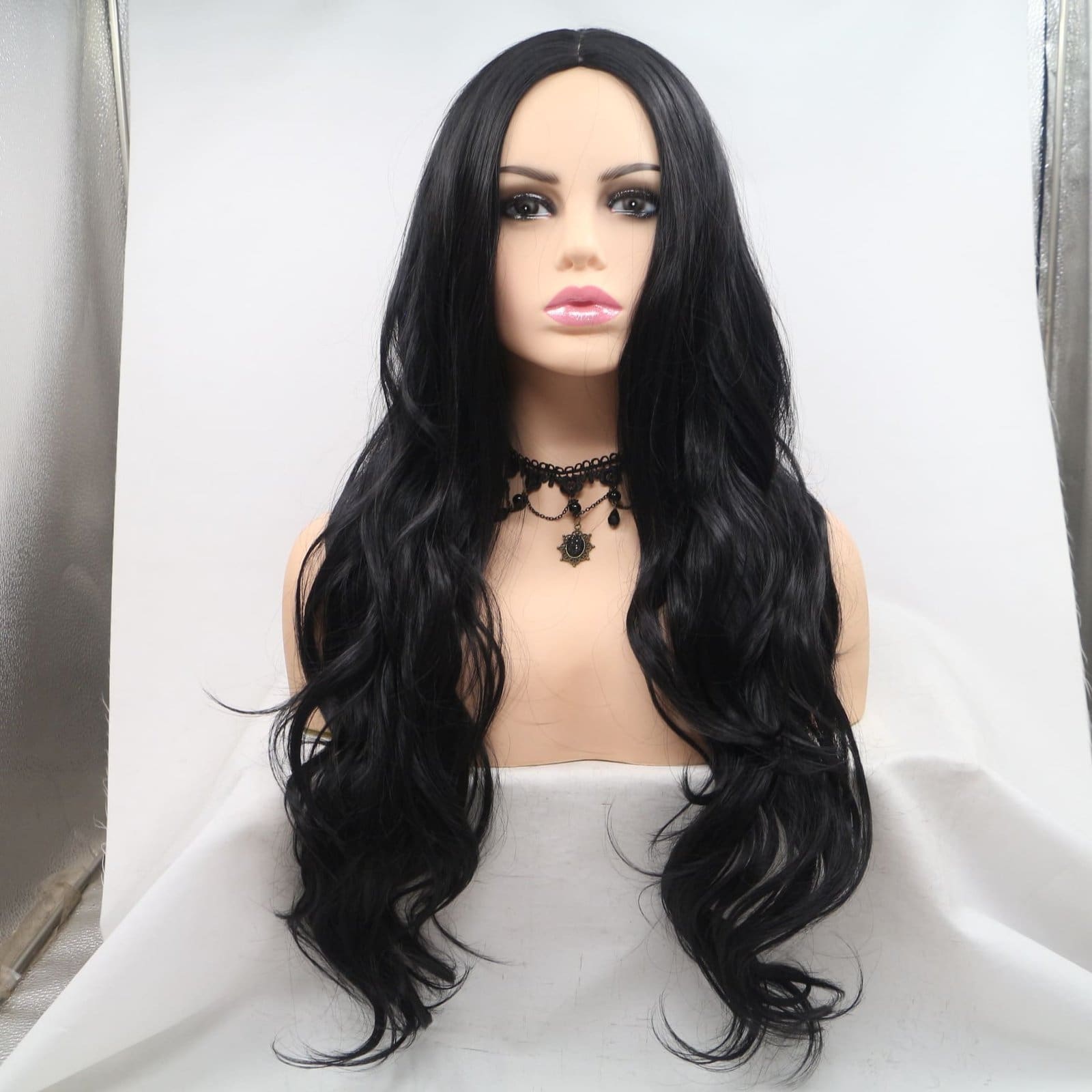 0085 Machine-Made Long Wavy Synthetic Wig - 24 Inch Middle Part Natural Black Body Wave, Premium Matte Heat Resistant Fiber, No Plastic Shine - Image 2