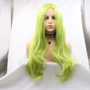 Neon Green Lace Front Long Wavy Wig - 24 Inch Mixed Green Middle Part Body Wave, Premium Matte Heat Resistant Fiber, Realistic & No Plastic Shine