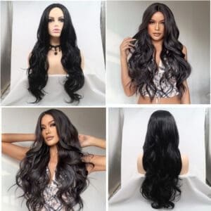 0085 Machine Made Long Wave Synthetic Wig - 24 Inch Midsection Natural Black Wave, High Quality Matte Heat Resistant Fiber, No Plastic Gloss