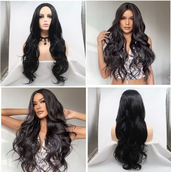 0085 Machine-Made Long Wavy Synthetic Wig - 24 Inch Middle Part Natural Black Body Wave, Premium Matte Heat Resistant Fiber, No Plastic Shine