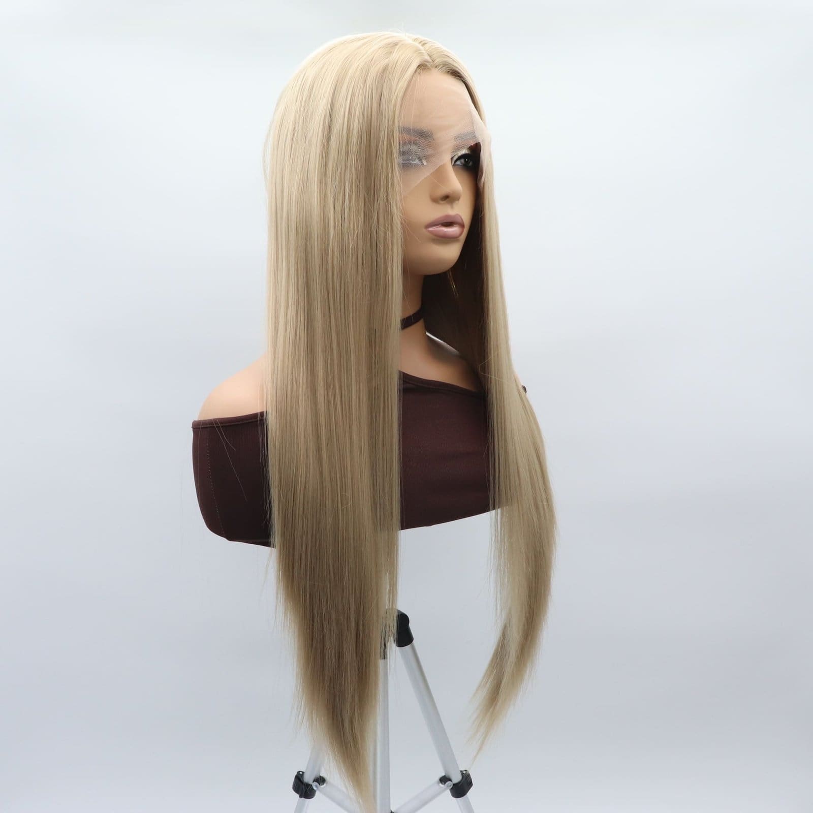 Hand hook front lace middle parting gold long straight matte high temperature silk chemical fiber full top cover - Image 3