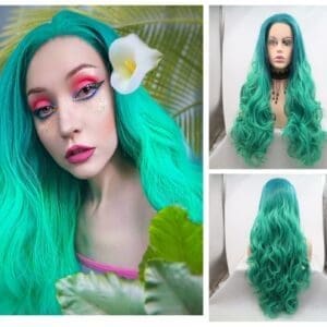 Gradient green hand hook front lace chemical fiber wig matte high temperature silk long curls