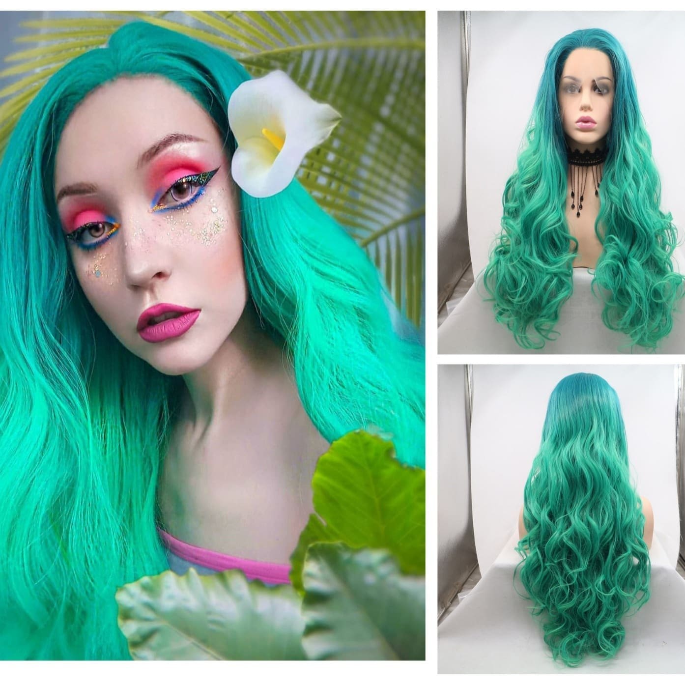 Gradient green hand hook front lace chemical fiber wig matte high temperature silk long curls