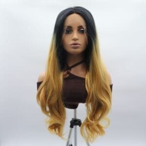 Cross-border foreign trade wig women's hand hook front lace gradient golden big wave long curl hair full top chemical fiber full head cover
