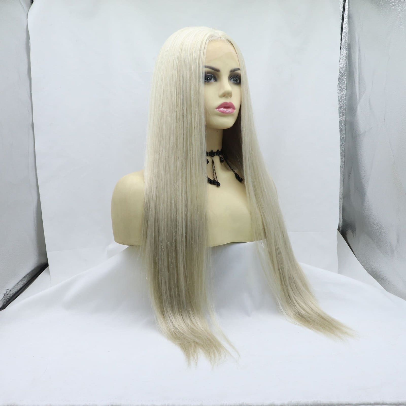 Platinum Glow Front Lace Hand-Tied Straight Wig Matte High-Temp Fiber, Free Parting Natural Hairline - Image 4