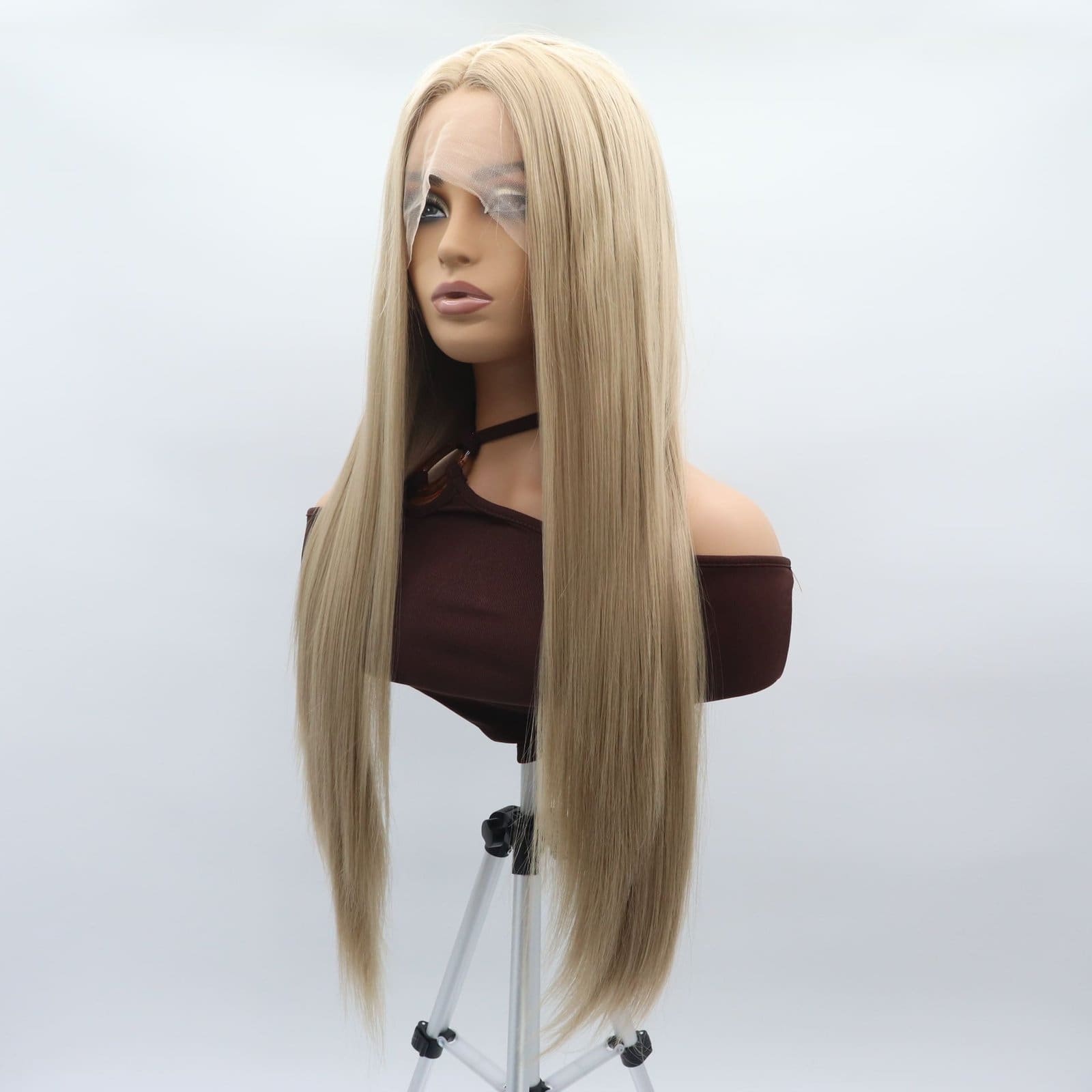 Hand hook front lace middle parting gold long straight matte high temperature silk chemical fiber full top cover - Image 2