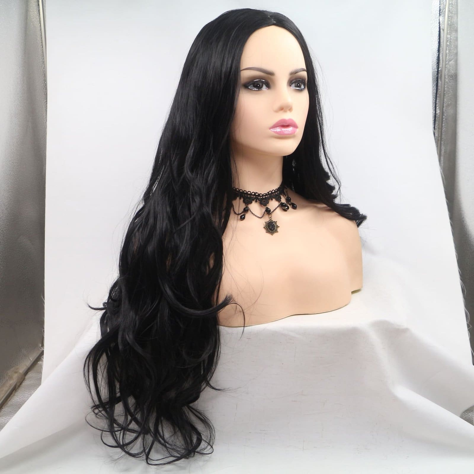 0085 Machine-Made Long Wavy Synthetic Wig - 24 Inch Middle Part Natural Black Body Wave, Premium Matte Heat Resistant Fiber, No Plastic Shine - Image 3