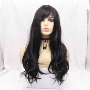 Cross-border foreign trade women's wigs high temperature silk chemical fiber wig natural black big wave oblique bangs long curly hair headgear