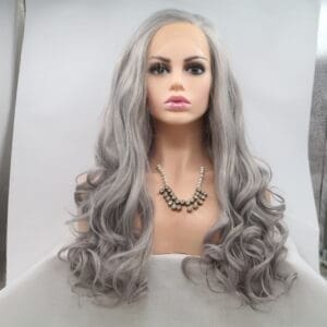 Qingdao factory hand-hooked front lace chemical fiber wig matte high temperature silk girl free sewing gray long curly hair