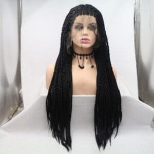 Black YAKI Front Lace Thick Dirty Braids Wig with Air Bangs  Three-Strand Braided Synthetic, Wispy Fringe Natural Hairline