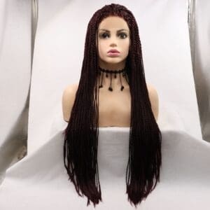Wine Red Front Lace Twisted Braids Wig Synthetic Two-Strand Small Dirty Braids, Pre-Braided Natural Hairline
