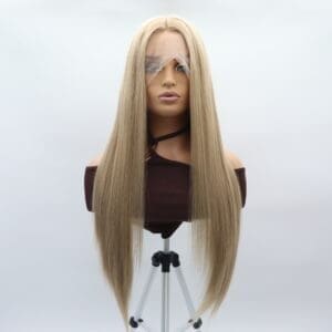 Hand hook front lace middle parting gold long straight matte high temperature silk chemical fiber full top cover