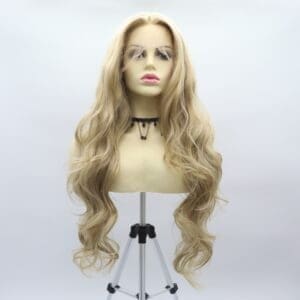 Wig women's blonde big wavy long curls hand-knitted front lace synthetic fiber high-temperature silk full head cover