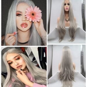 Hand-Tied Lace Front Long Straight Wig - 24 Inch Granny Grey Silver Ash Sleek Hair, Premium Matte Heat Resistant Fiber, Realistic & No Plastic Shine