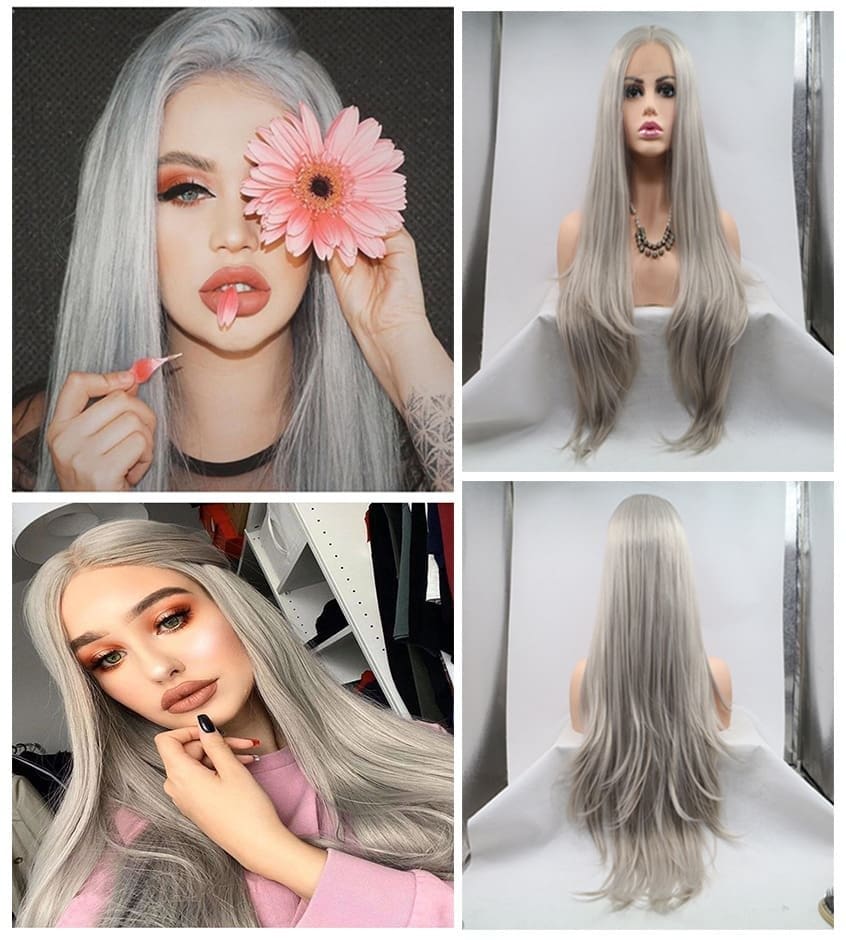 Hand-Tied Lace Front Long Straight Wig - 24 Inch Granny Grey Silver Ash Sleek Hair, Premium Matte Heat Resistant Fiber, Realistic & No Plastic Shine