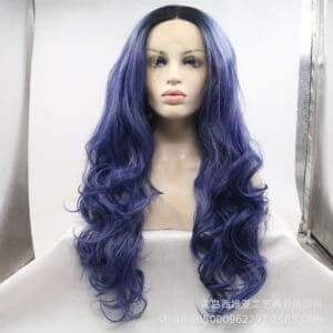 Gradient Blue Front Lace Long Curly Wig  Synthetic Ombré High-Temp Fiber, Free Parting Natural Melt Hairline