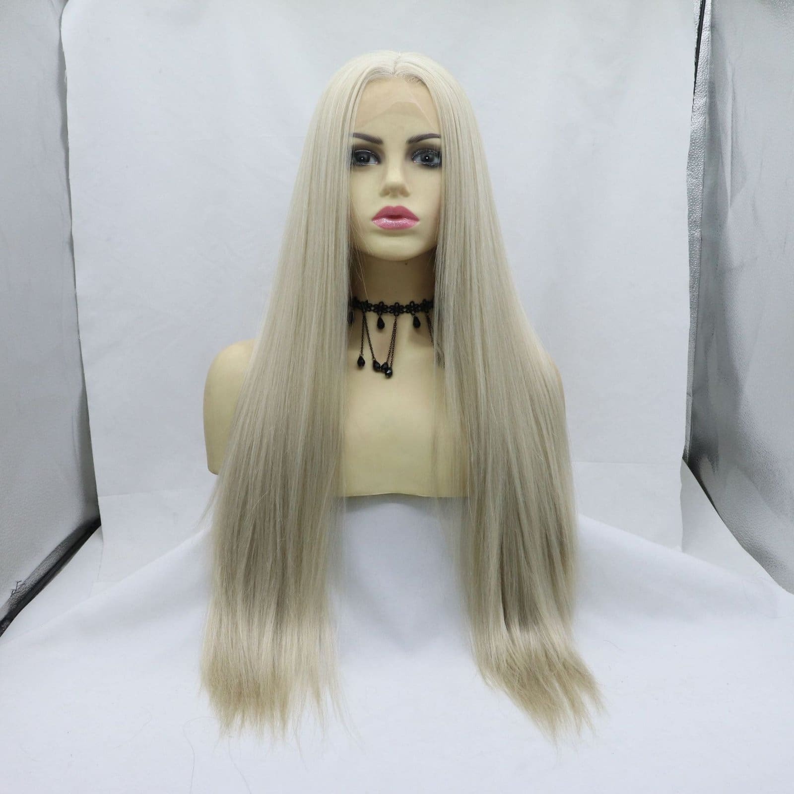 Platinum Glow Front Lace Hand-Tied Straight Wig Matte High-Temp Fiber, Free Parting Natural Hairline