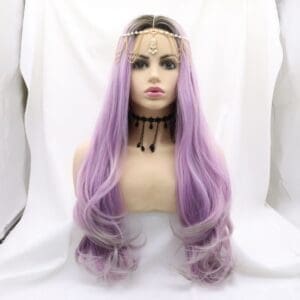 Temperament gradient purple long curly hair women's hand hook front lace chemical fiber wig manufacturer in stock