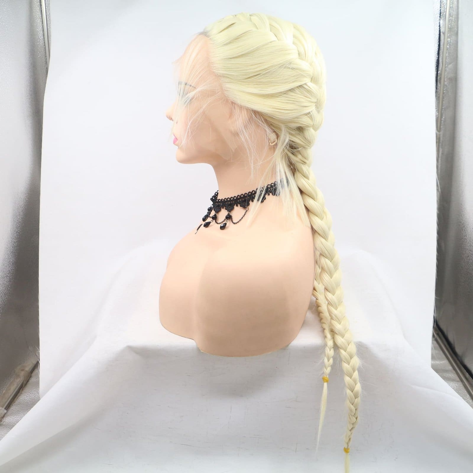 Hand knitted front lace chemical fiber wig gold double ponytail fishbone braid wig women's headgear one drop ship - Image 3