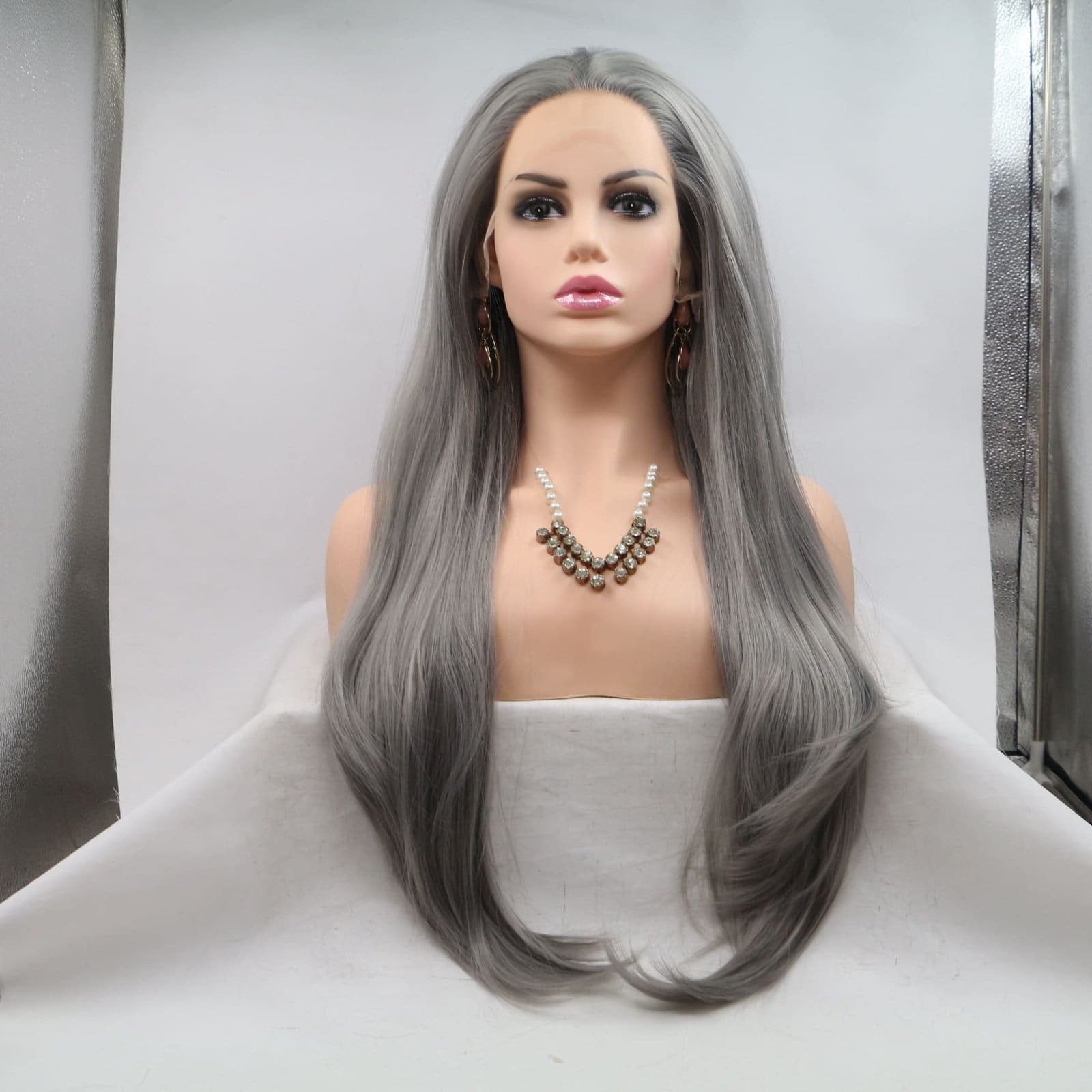 00330 Lace Front Long Wave Synthetic Wig - 24 Inch Free Weight Granny Grey Body Waves, Premium Matte Heat Resistant Fiber, No Plastic Sheen
