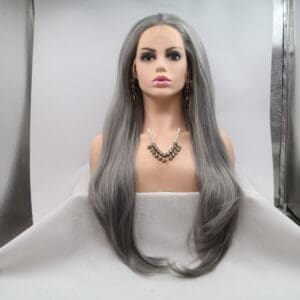 00330 Lace Front Long Wavy Synthetic Wig - 24 Inch Free Part Granny Grey Body Wave, Premium Matte Heat Resistant Fiber & No Plastic Shine