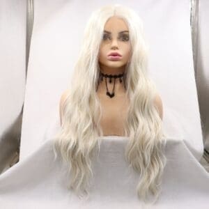 Hand Tied Lace Front Long Wavy Wig - 24 Inch Free Parting 60# Platinum Gold Body Waves, Premium Matte Heat Resistant Fiber, Realistic and No Plastic Gloss