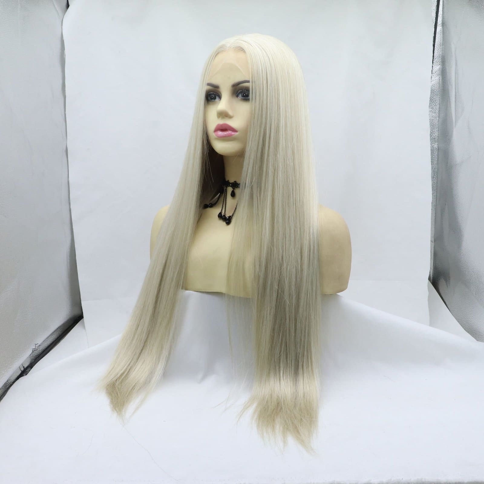 Platinum Glow Front Lace Hand-Tied Straight Wig Matte High-Temp Fiber, Free Parting Natural Hairline - Image 2