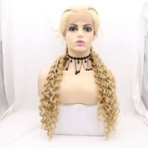 Gold double ponytail chemical fiber wig middle parting doll bangs front lace rose inner mesh head cover
