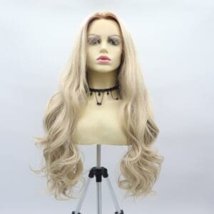 Hand hook front lace wig girl gradient blonde big wavy long curl matte high temperature silk chemical fiber full top cover