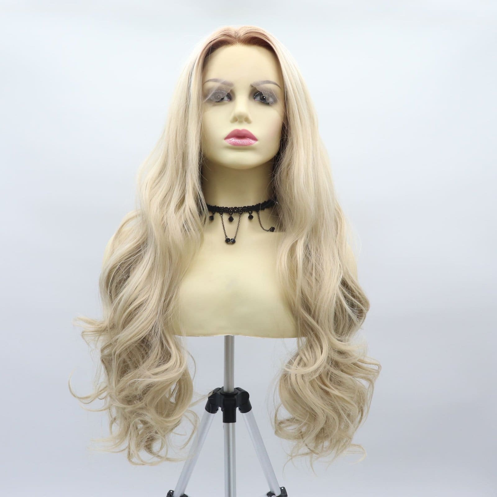 Hand hook front lace wig girl gradient blonde big wavy long curl matte high temperature silk chemical fiber full top cover