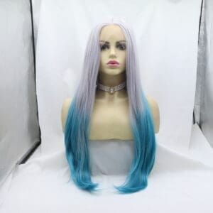 Ash-to-Teal Gradient Front Lace Cosplay Wig Dual-Tone Hand-Tied Synthetic, Long Straight Invisible Hairline, Rose Elastic Cap