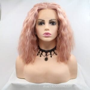 Hand-knitted front lace synthetic fiber wig women's rose gold wool curls small curls collarbone hair full top cover