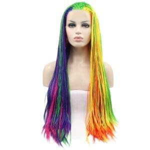Factory direct sales hand-knitted chemical fiber front lace braid black rainbow three-strand braid wig
