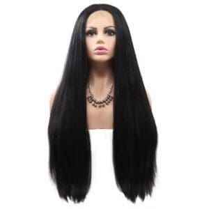 Hand hook front lace synthetic fiber wig black free parting straight hair headgear - Picture color