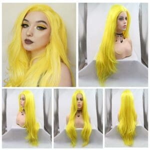 High Temperature Silk Synthetic Fiber Wig Hand Hook Front Lace Middle Part Yellow Long Curly Cosplay Wigs